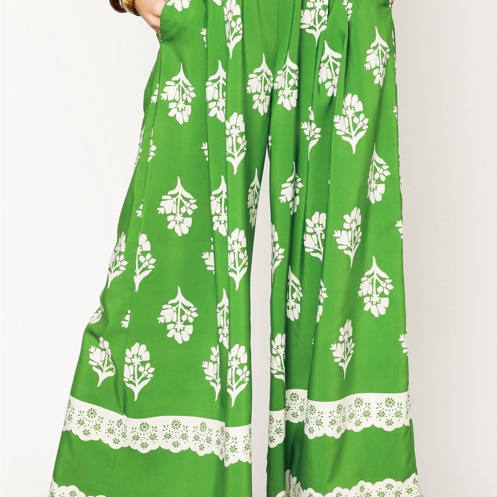 Green and White Wide Leg Pants with Lace Trim